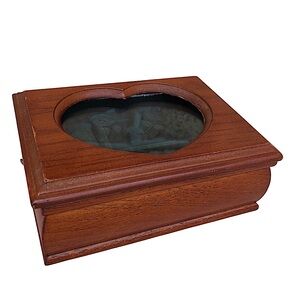 Vintage Solid Wood Small Jewelry Box, Heart Shape Etched Glass Window, Padded
